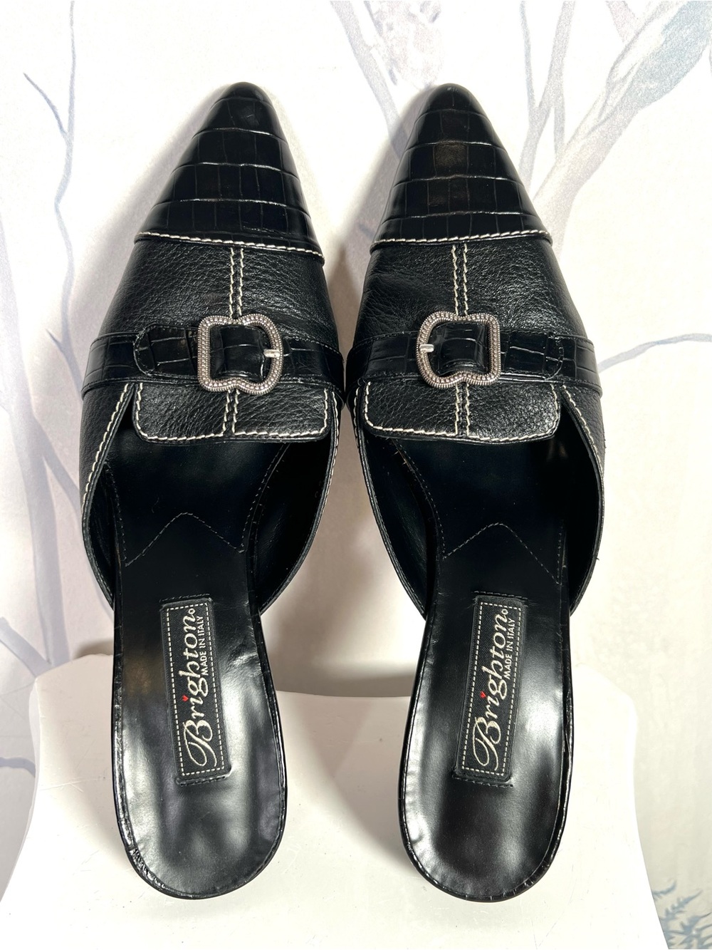 Brighton Black Croc-Textured Pointed Mule with Buckle